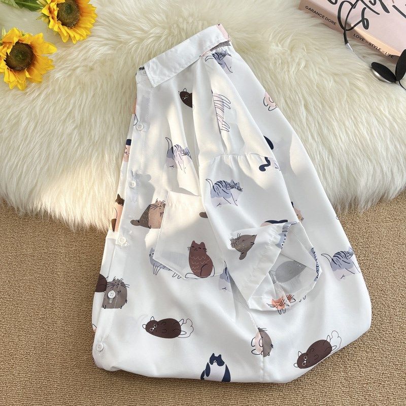 日系复古卡通猫i咪印花短袖衬衫男女宽松休闲宽松bf长袖衬衣五分