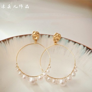 夸张圆形状耳钉耳环耳饰 原创淡水珍珠简约手工设计感缠绕个性