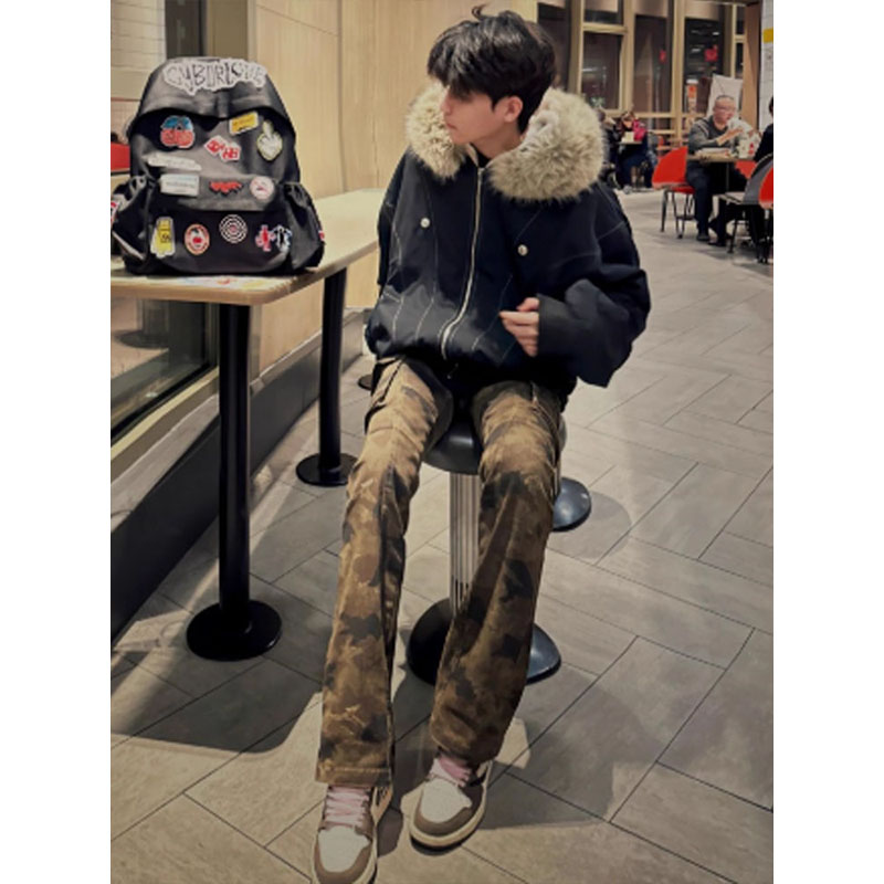 美式座山雕毛领连帽棉服外套男