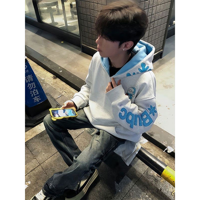 潮流美式毛巾绣雪花连帽卫衣男