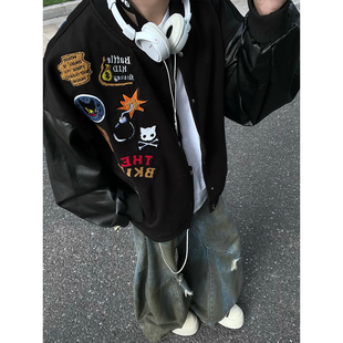 潮流美式PU皮拼接植绒刺绣棒球服男秋冬高级感小众宽松夹克上衣潮