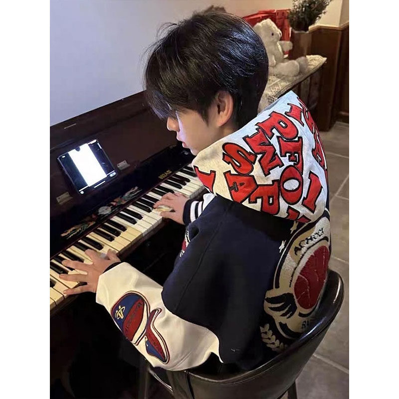 lhak国潮牌植绒刺绣美式棒球服男外套秋冬设计感小众拼接撞色上衣