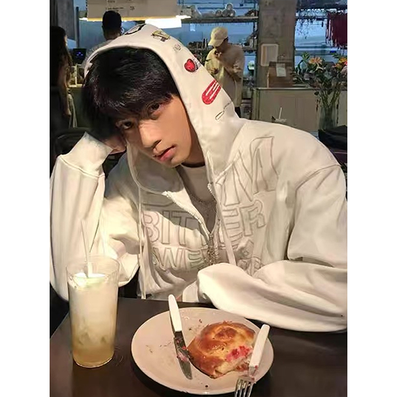 美式复古发夹印花开衫连帽卫衣男