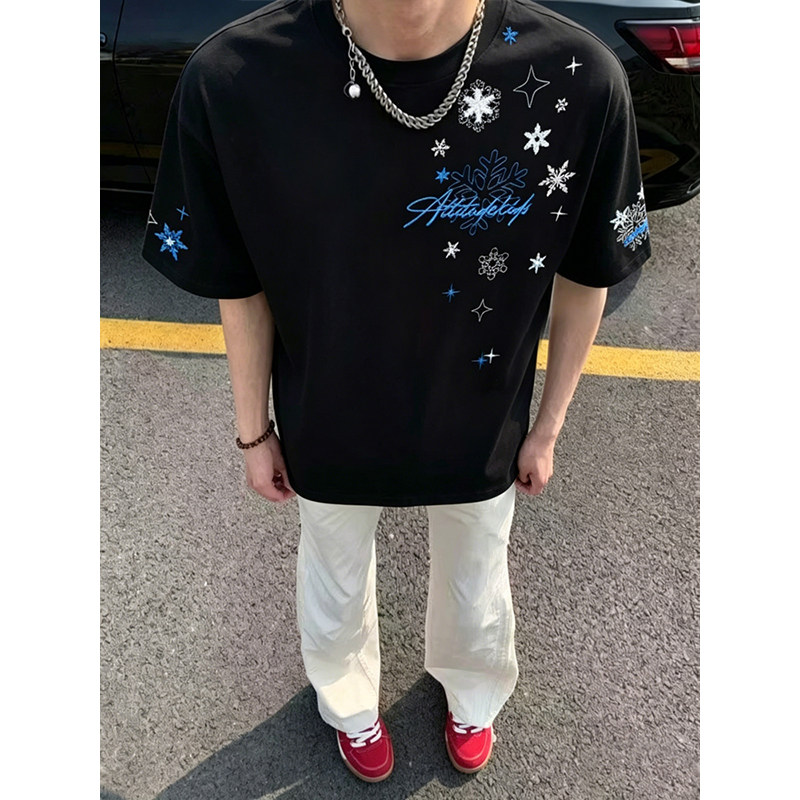 美式复古雪花字母刺绣短袖t恤男