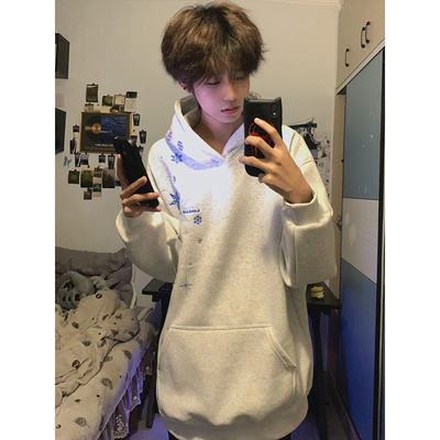 美式星星雪花刺绣连帽卫衣男