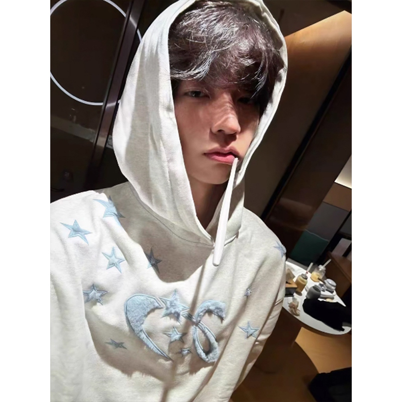 美式毛绒五角星刺绣连帽卫衣男