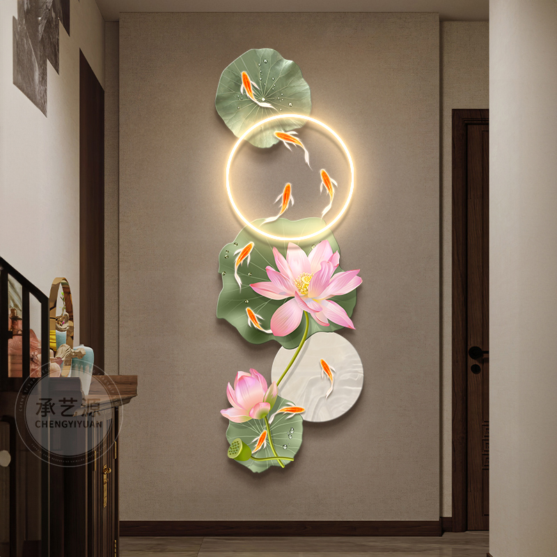 现代轻奢入户玄关装饰画高级感九鱼图走廊过道楼梯挂画荷花灯画图片