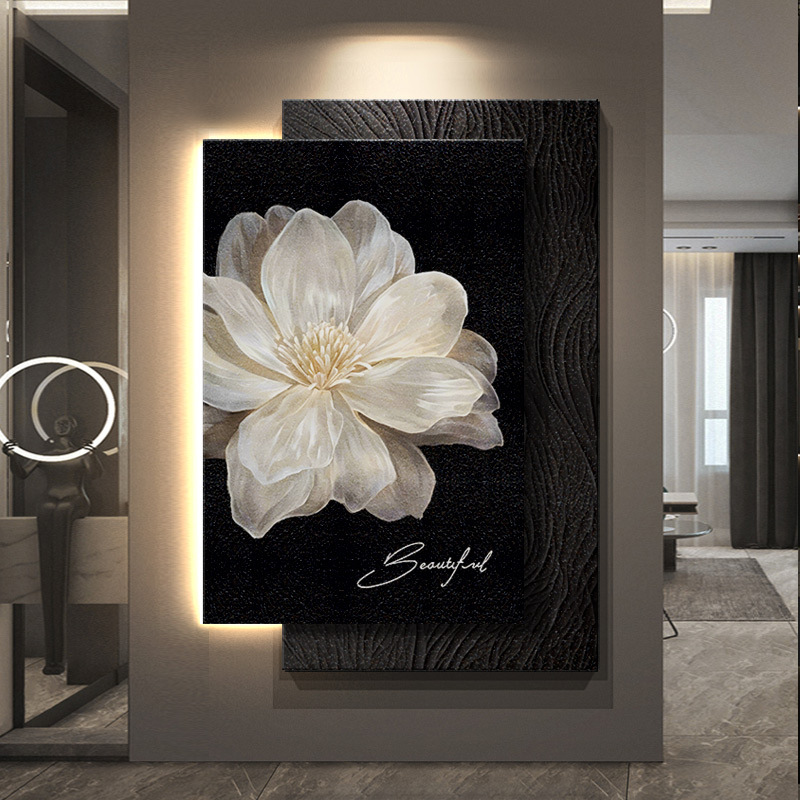 黑白山茶花客厅装饰画砂岩高级感入户玄关挂画极简复古花卉壁灯画