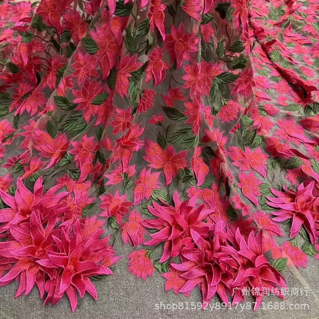 跨境爆款立体花新品立体花贴花绣花网布刺绣绣花网纱刺绣布料