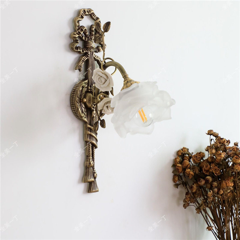 全美一丁法式复古全铜田园花朵壁灯欧式古典床头玄关走廊过道壁灯