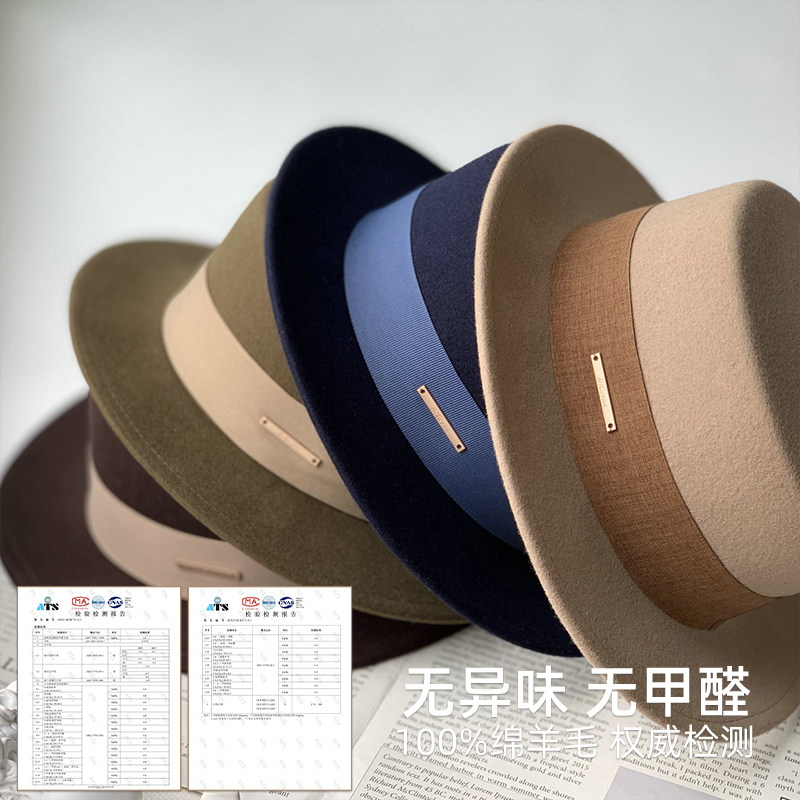白色法式秋冬平顶羊毛呢礼帽女平沿小沿英伦大头围男百搭驼色黑色