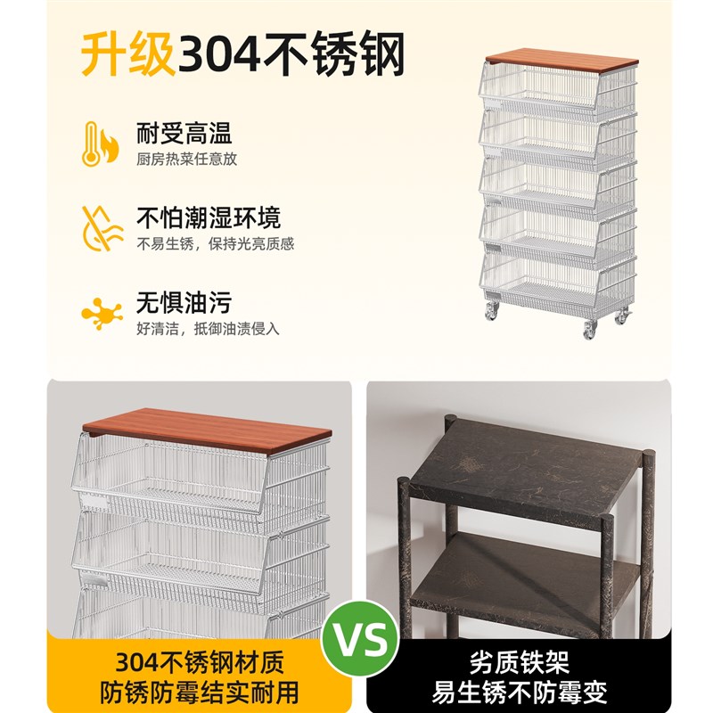 304不锈钢厨房置物架落地菜篮水果蔬菜收纳架子多功能多层小推车