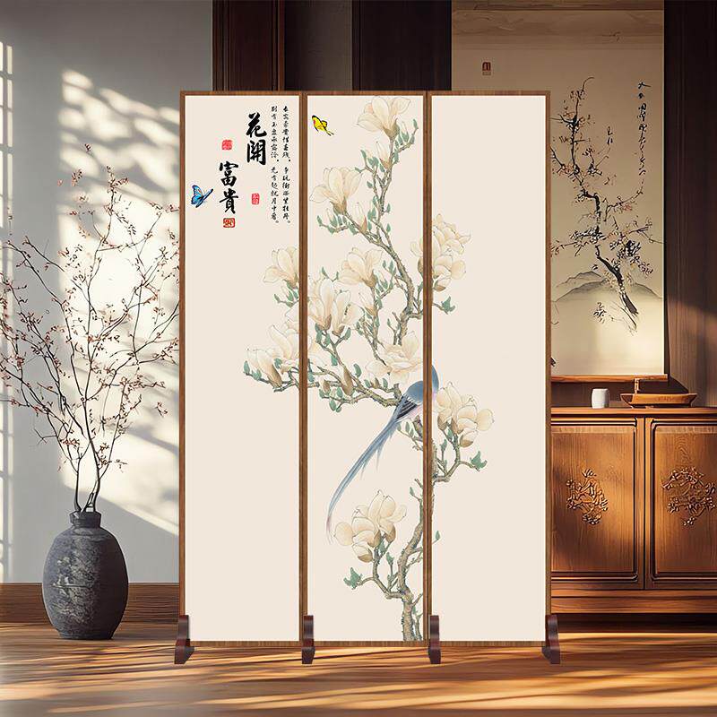中式牡丹花屏风折屏家居客厅入户玄关装饰隔断画布艺折叠移动屏风