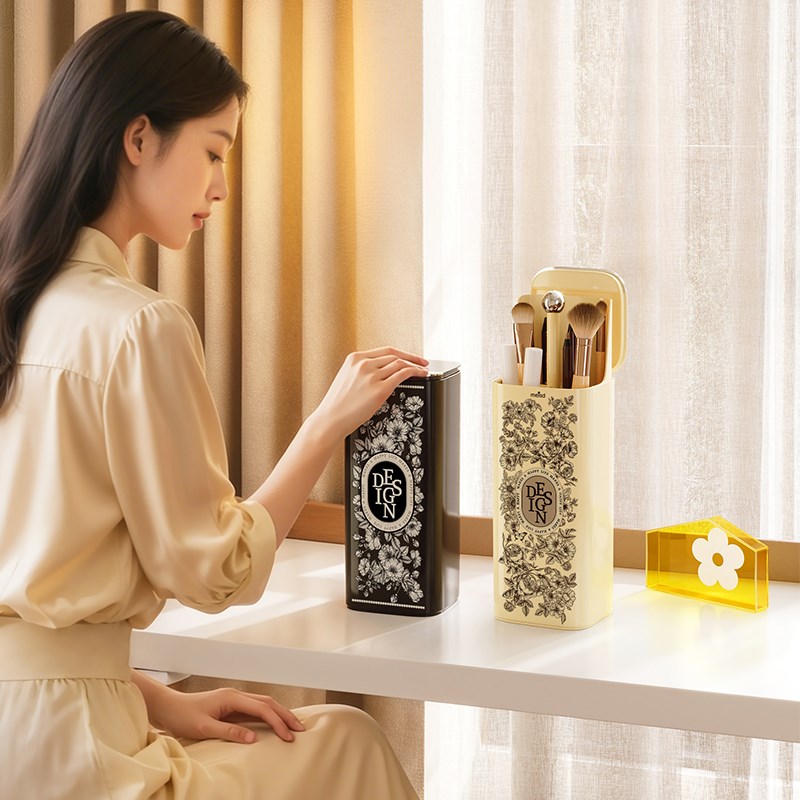 美世化妆刷收纳筒按压升降防尘高级感桌面化妆品收纳盒眉笔刷子桶