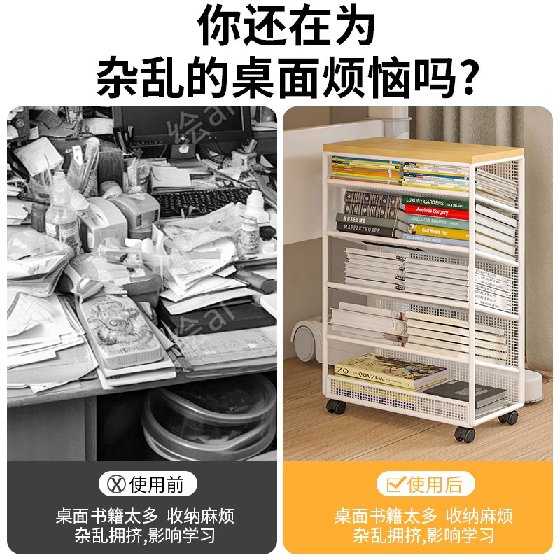 书桌收纳置物架铁艺可移动书架带轮落地书桌边小书架侧边收纳书袋