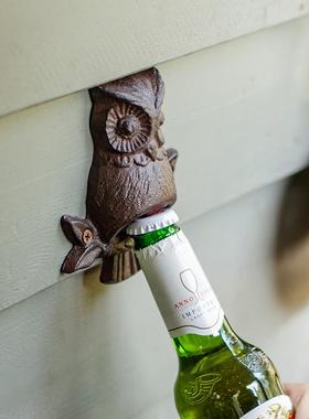 掬涵铁艺啤酒开瓶器猫头鹰铸铁摆件酒吧饭店墙壁庭院户外墙面装饰
