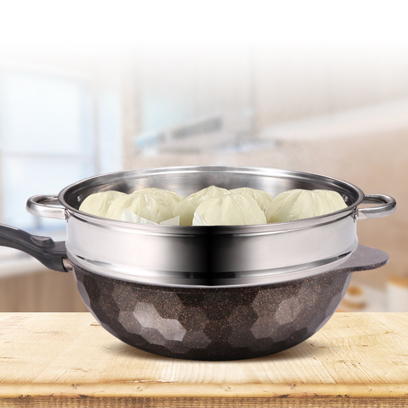 炒锅蒸锅套装组合麦饭石不粘锅炒菜锅家用煎炒两用麦石锅蒸屉锅具