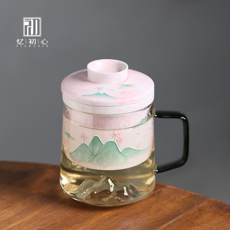 手绘青山玻璃杯茶水分离泡茶杯带盖过滤陶瓷内胆办公水杯喝茶杯子
