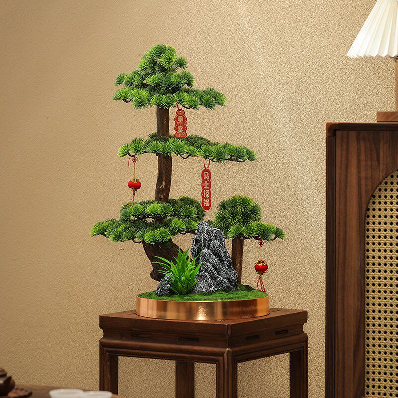 新中式仿真迎客松植物实木盆景办公室摆件客厅玄关桌面景观装饰品