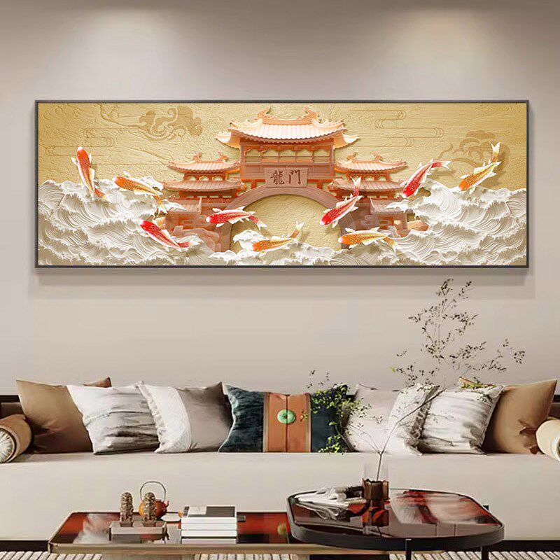 新中式装饰画客厅沙发背景墙装饰整幅九鱼锦鲤鲤鱼跃龙门挂画壁画