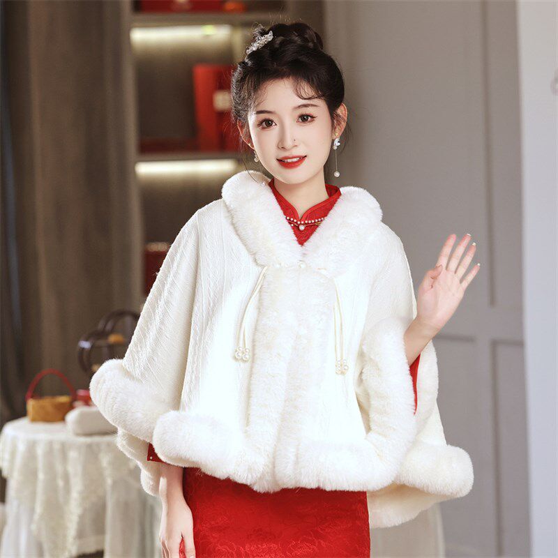 新娘结婚毛披肩婚纱披肩斗篷婚礼保暖披风白色大码伴娘皮草外搭冬
