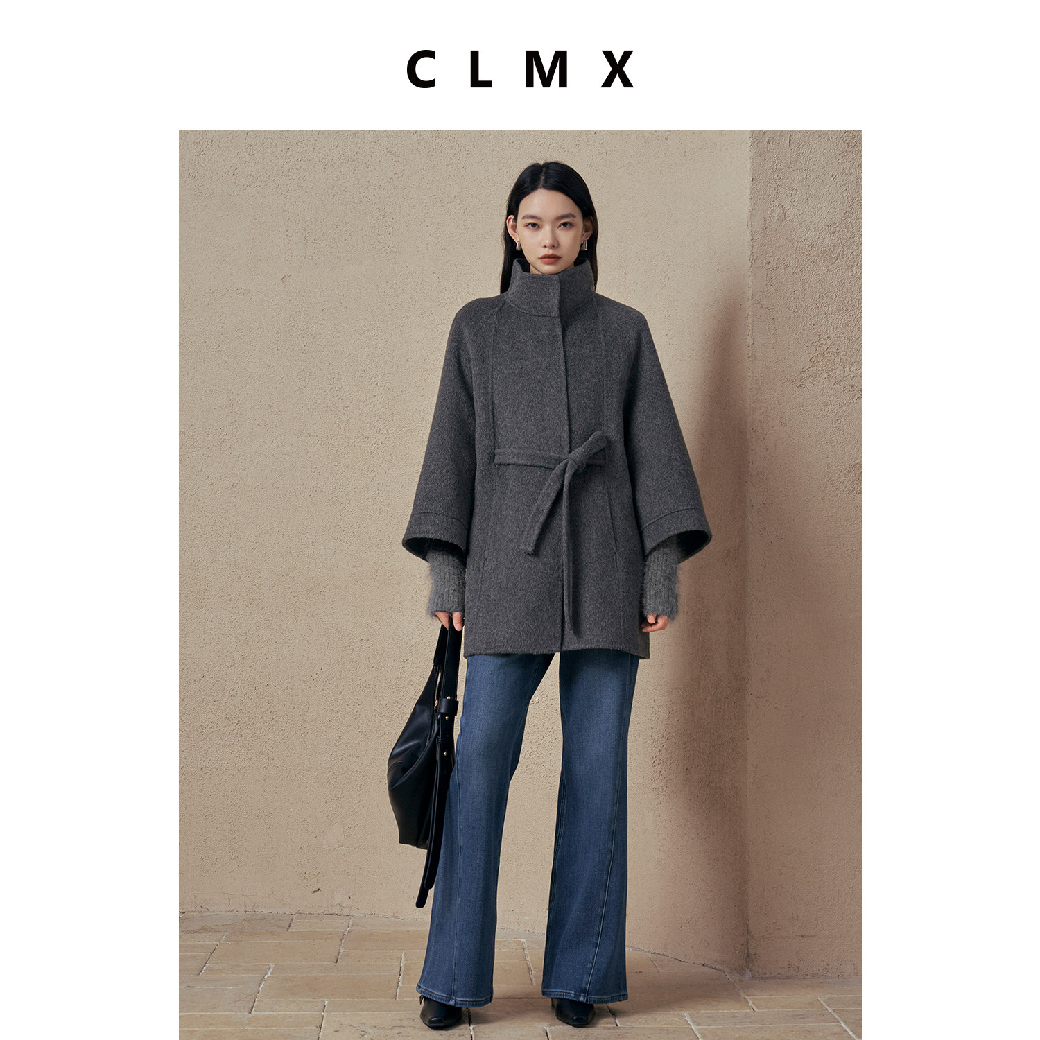 CLMX骆驼绒羊毛双面长毛呢外套立领造型袖口拼接中长款大衣