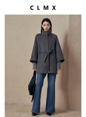 CLMX骆驼绒羊毛双面长毛呢外套立领造型袖口拼接中长款大衣