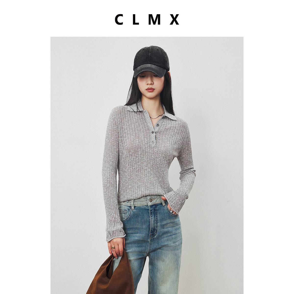 CLMX甄选醋酸棉亚麻纱面料 轻薄浅春系复古polo领百搭针织衫