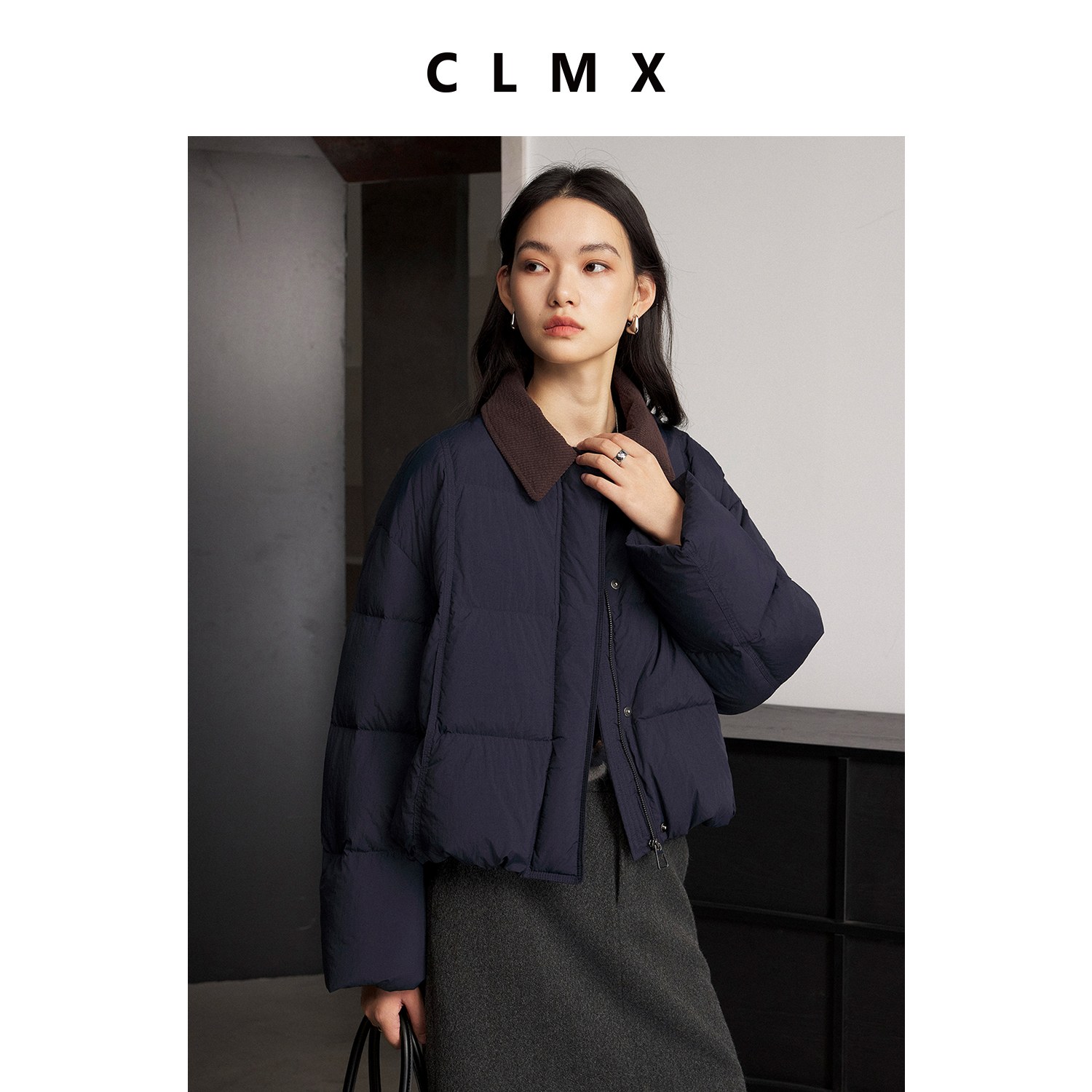 CLMX微廓袖型上身立体有型拼接灯芯绒翻领开襟长袖白鸭绒羽绒服