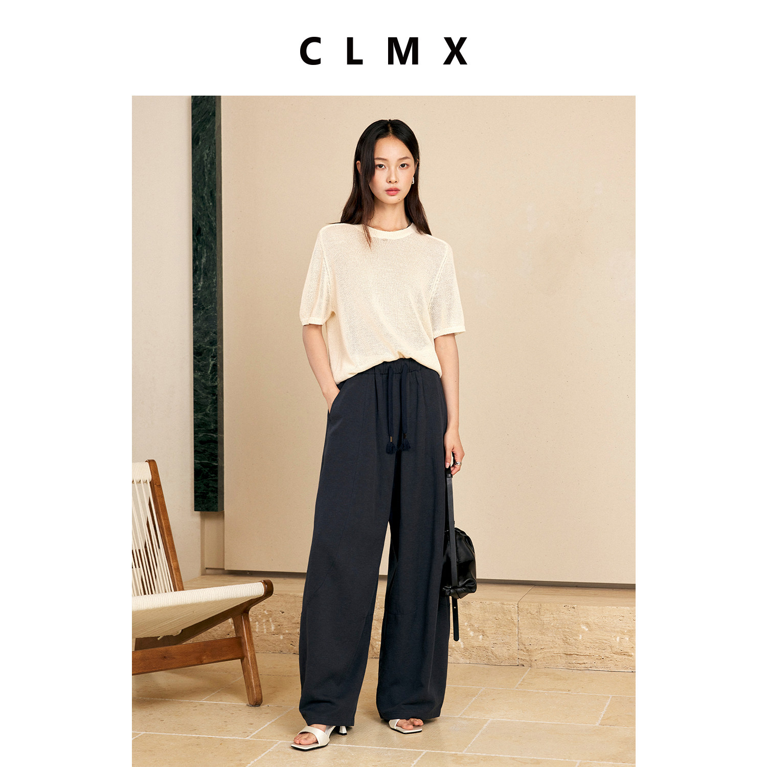CLMX棉和纸后纽扣短袖针织衫女