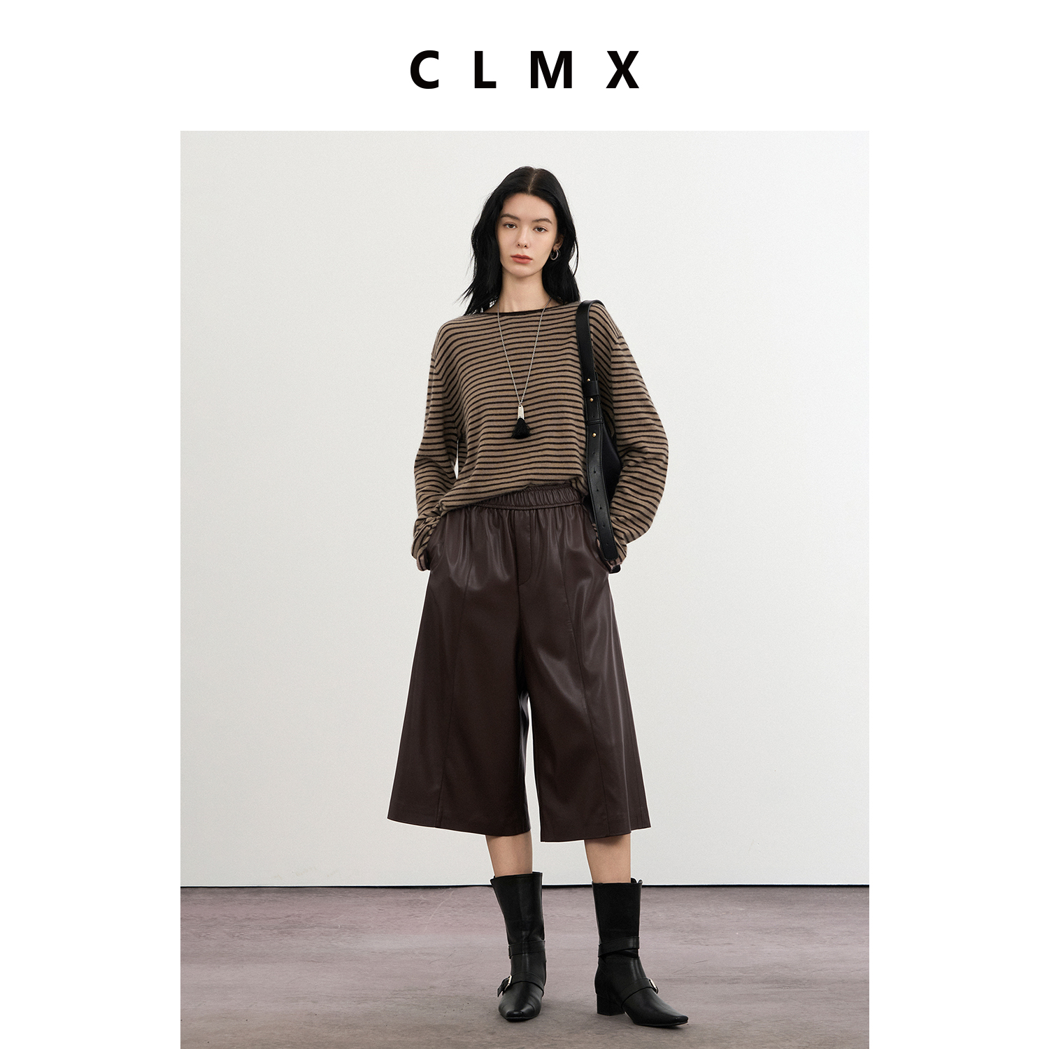 CLMX老钱风直筒七分皮裤显瘦高水洗PU皮秋冬通勤宽松阔腿裤女