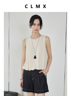 CLMX干爽软垂微条纹肌理丝麻混纺面料丝麻圆领微宽松无袖花苞背心