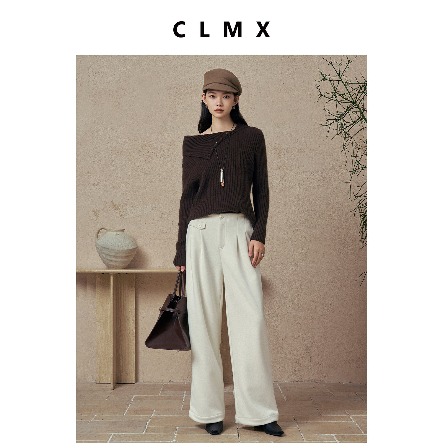 CLMX翻领长袖套头针织衫立体显瘦绵羊毛粘纤混纺纱线秋冬通勤上衣