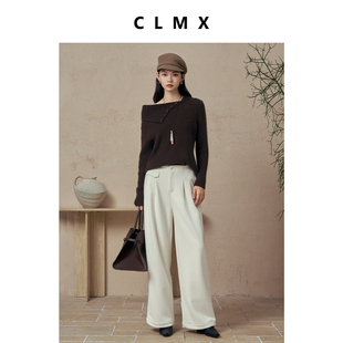 CLMX翻领长袖套头针织衫立体显瘦绵羊毛粘纤混纺纱线秋冬通勤上衣