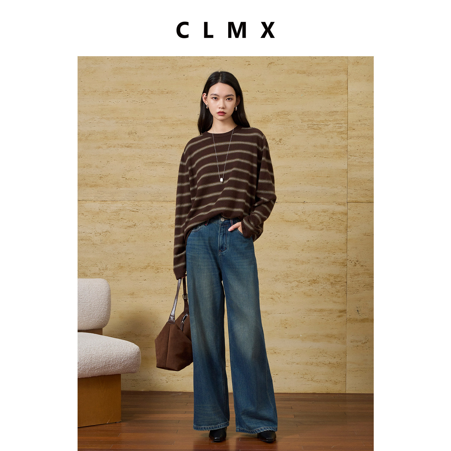 CLMX复古风潮设计撞色条纹针织衫VTG知识分子风条纹长袖圆领毛