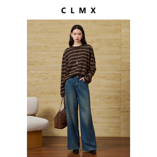 CLMX复古风潮设计撞色条纹针织衫 圆领毛衣 VTG知识分子风条纹长袖