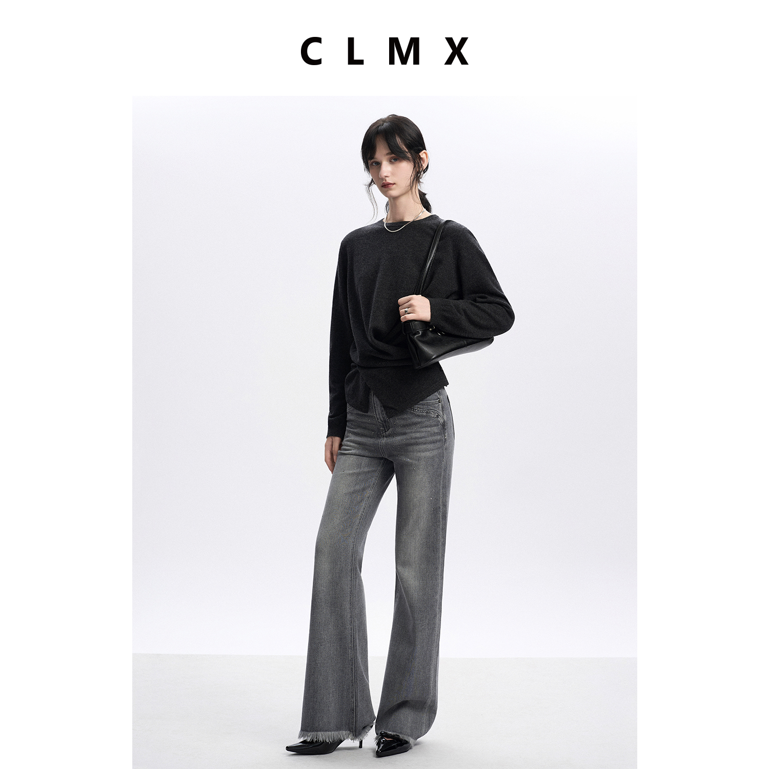 CLMX复古烫钻毛边脚口猫须牛仔裤垂顺柔软水洗棉混纺面料通勤裤子