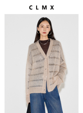 CLMX随性镂空粗针钻闪V领针织开衫8s粗支马海毛混纺秋冬休闲上衣
