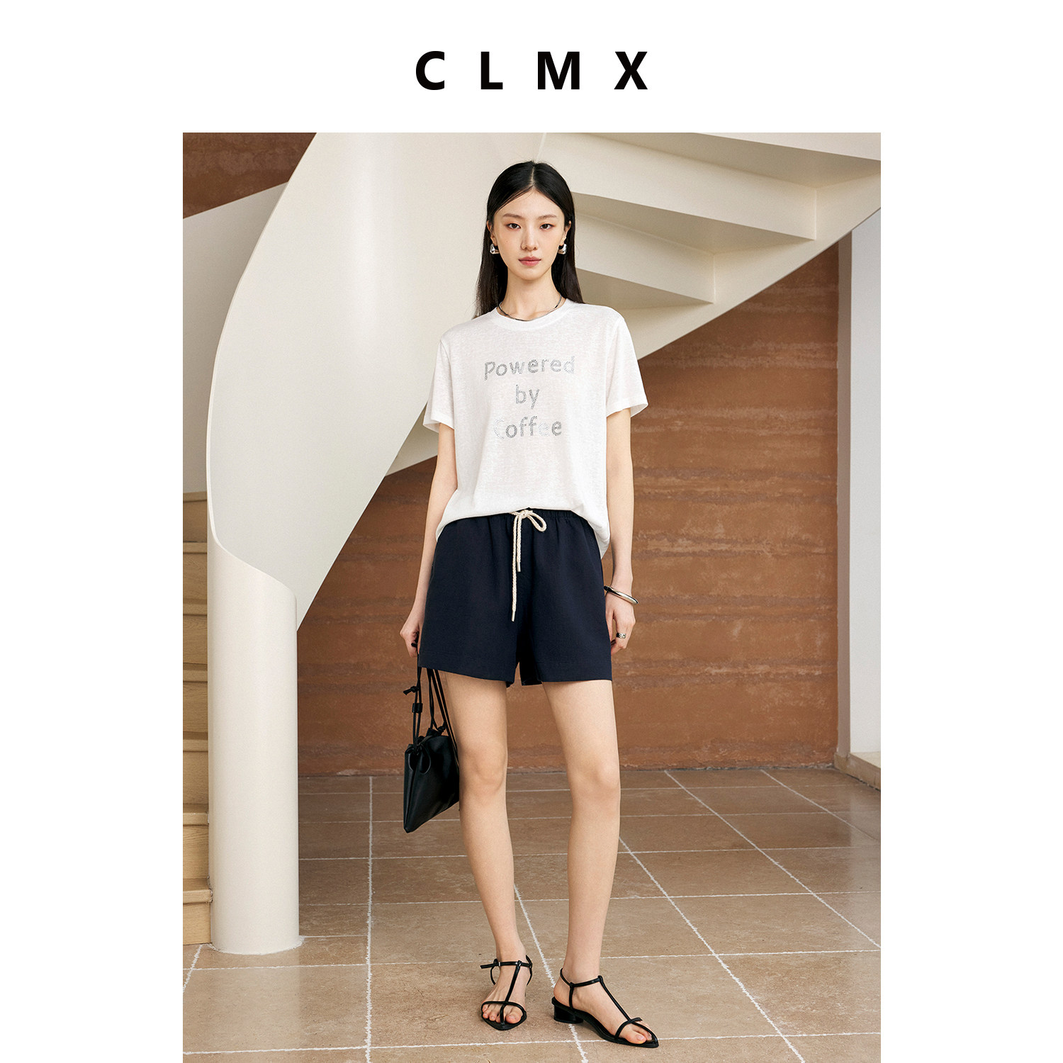 CLMX桑蚕丝烫钻短袖T恤女