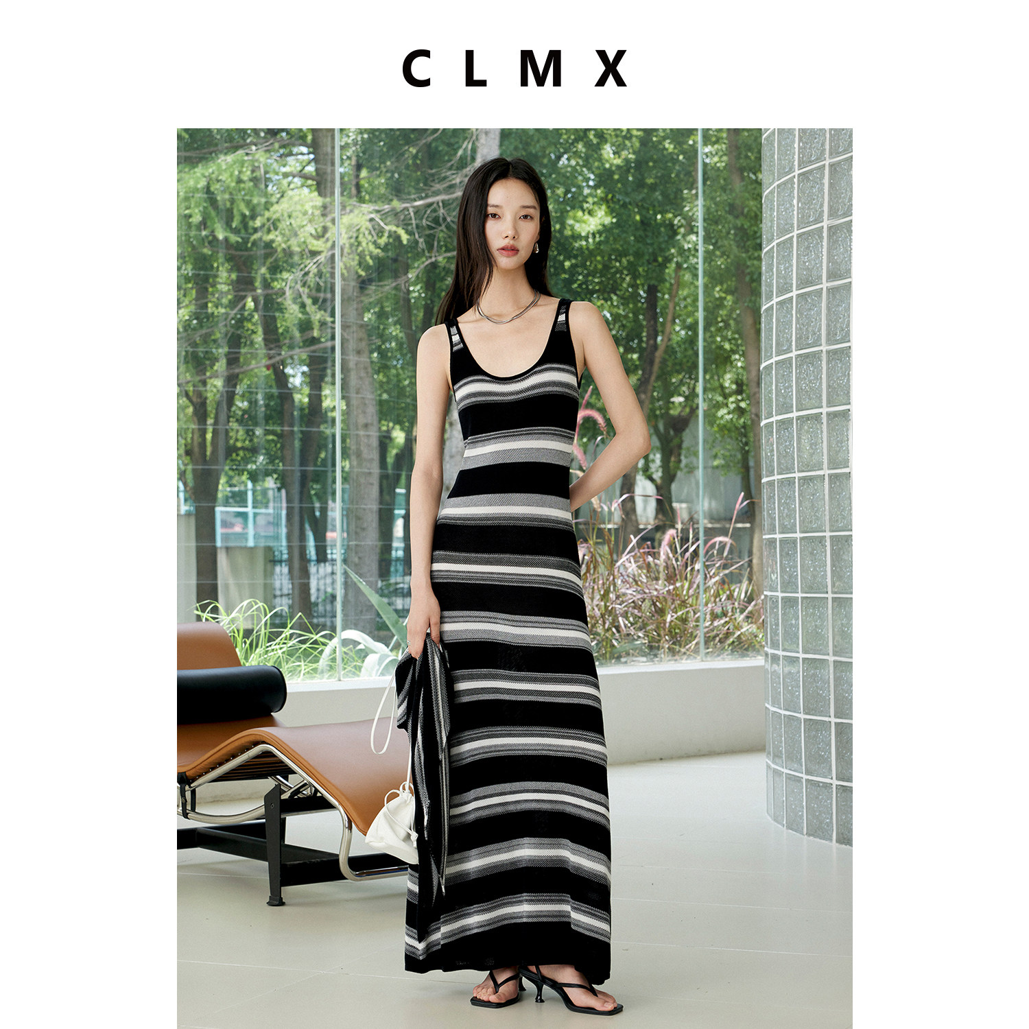 CLMX莱赛尔U领条纹吊带连衣裙