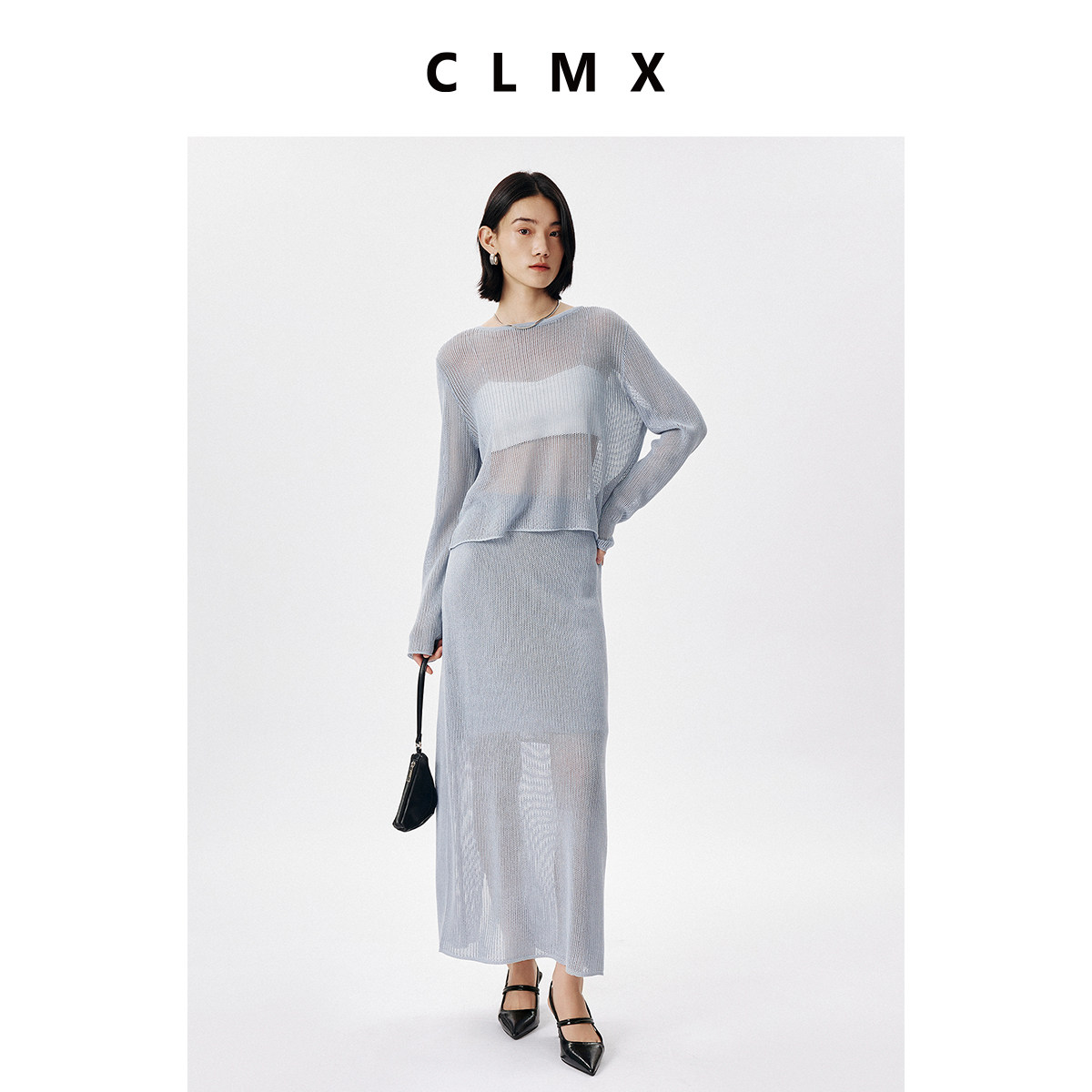 CLMX轻盈感莱赛尔亚麻纱 时髦氛围感镂空针织上衣+半裙套装