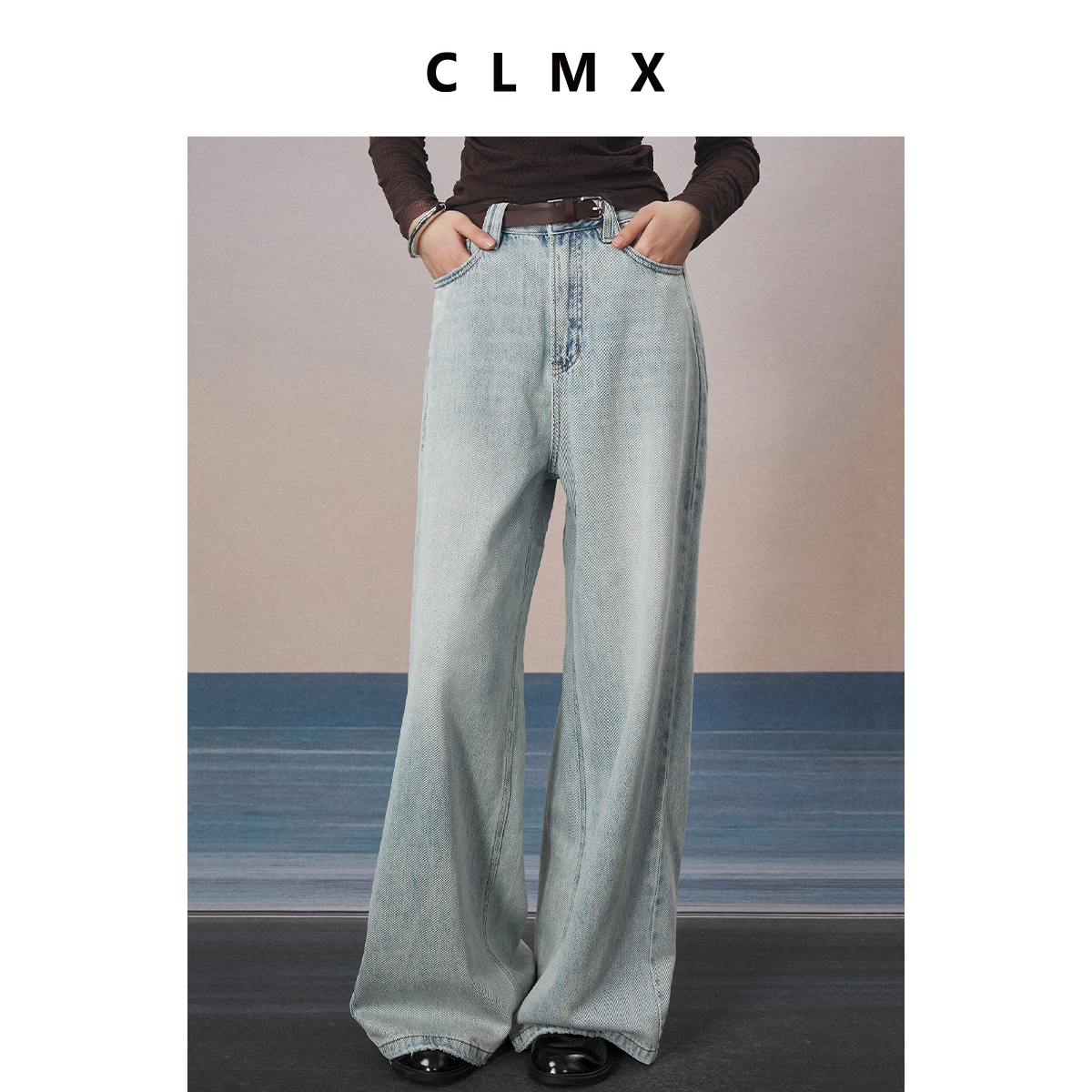 CLMX甄选微弹棉莱赛尔斜纹牛仔 复古蓝调宽松牛仔裤赠深棕长腰带