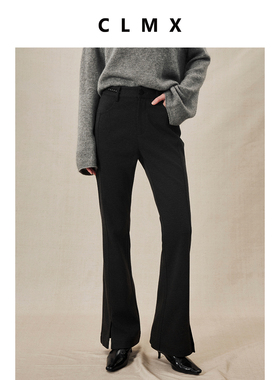 CLMX高品质羊毛混纺磨毛斜纹针织布 通勤风修身羊毛针织喇叭裤