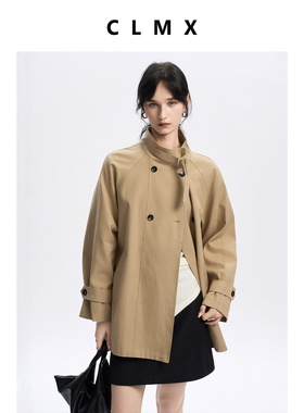 CLMX秋季时髦老钱风双排扣外套棉莱赛尔斜纹面料秋季纯色上衣女