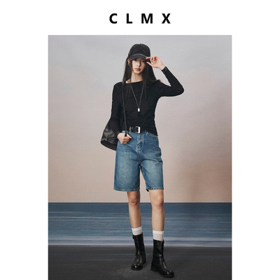 CLMXCLMX朦胧微透高弹艺术提花蕾丝面料 修饰身材线条圆领长袖T恤