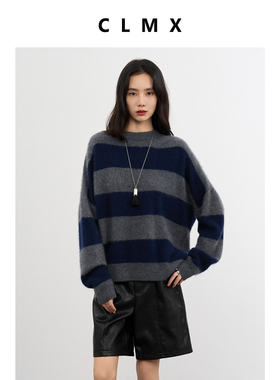 CLMX复古宽彩条圆领套头长袖针织衫100%绵羊毛纱线秋冬通勤上衣女