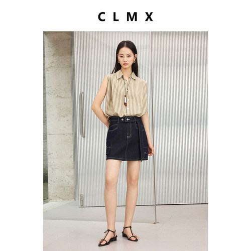 CLMX棉质条纹翻领无袖衬衫女