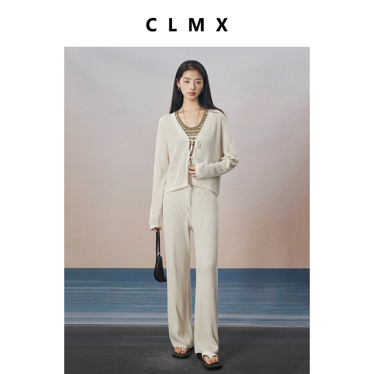 CLMX氧气轻盈感莱赛尔亚麻纱 慵懒度假风系结开衫+空气裤套装