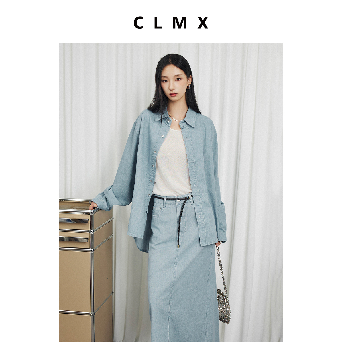 CLMX复古水洗高密全棉斜纹牛仔 挺阔无龄感造型CP牛仔衬衫/半裙