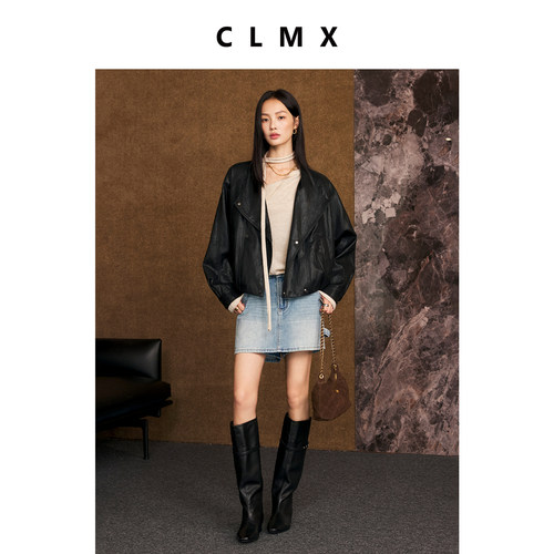 CLMX复古PU仿皮荔枝纹短外套